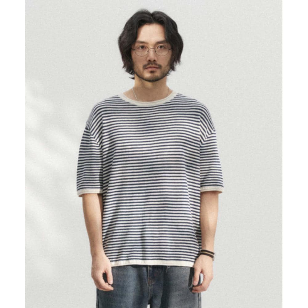 WMC Striped short-sleeved knit NAVY O-MOBBS5M34156