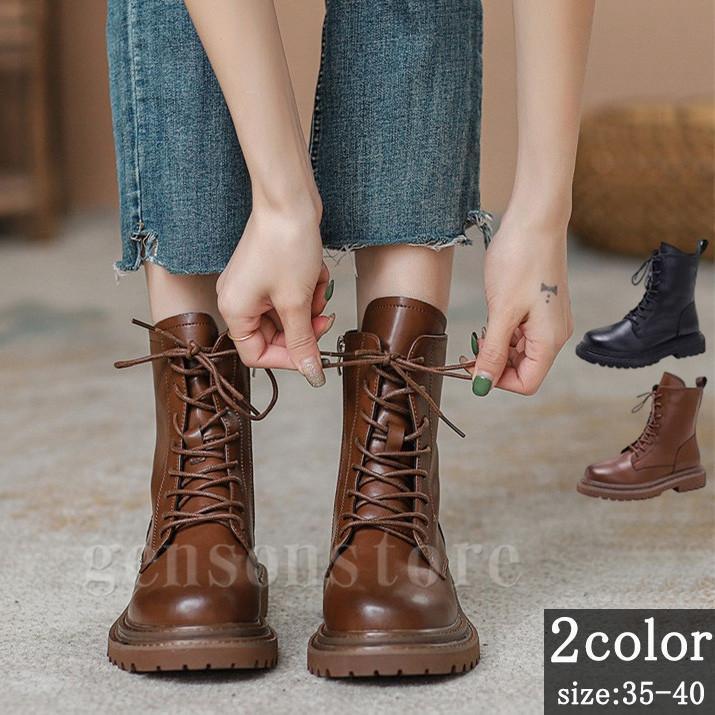 本革 レディース ドトゥ ショート 厚底 ローヒール ぺたんこ 3cmヒール カジュアル 太ヒール レースアップ 編み上げビーツ 袴 ル