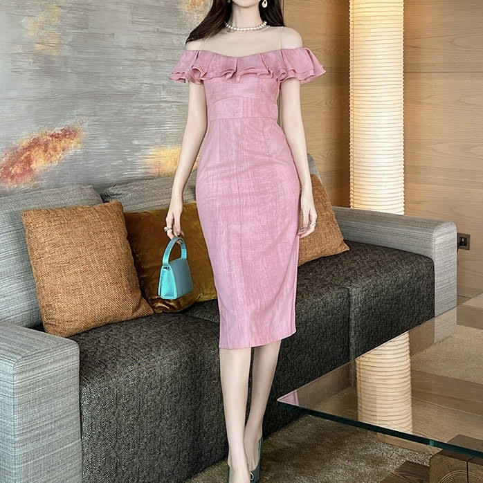 レディース ワンピース ワンピドレス ミモレ 半袖 ラウンドネック 襟なし タイト スリム 細身 スマート フェミニン ウエストマーク ファスナー ハイウエスト かわいい 大人可愛い きれいめ