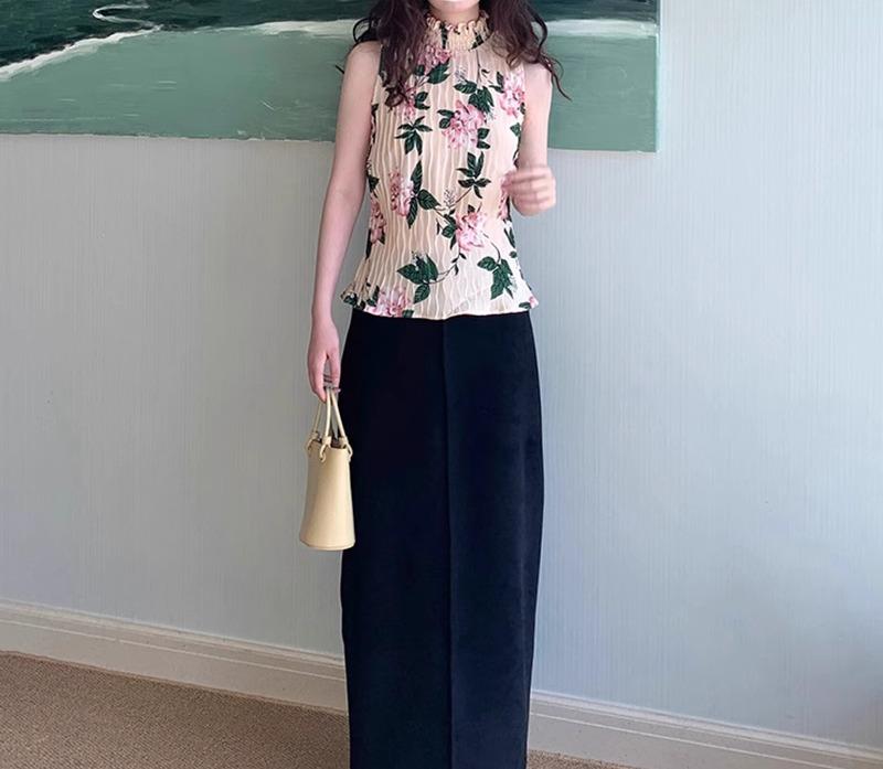 ハイネック ノースリーブ レディース 夏 トップス 中国風 しわ加工 スリム プリント 個性的 カジュアル きれいめ 花柄