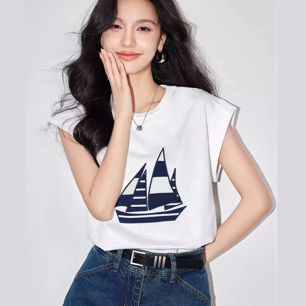 ホワイト可愛いプリント デザイン感tシャツ夏新通勤風半袖ゆるい痩せ上着ティーシャツ