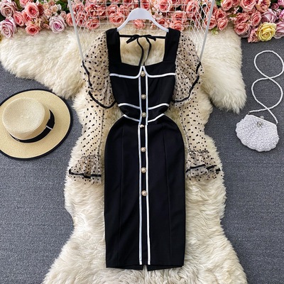 ワンピース レディース タイトワンピース 膝丈 長袖 柄 ドット 水玉 秋 スリム タイト 細身 4,805円