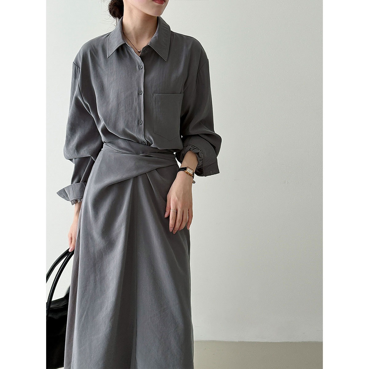 韓国の知的で優しいシャツストラップドレス女性のの新作不規則な気質ロングスカート 9779