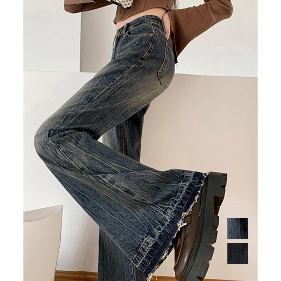 スキニーデニムパンツ レトロ フレアデニムパンツ ローエッジ