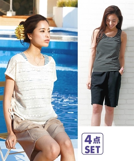 ワンピース水着 透かし編みＴシャツ付タンキニ水着４点セット MU097