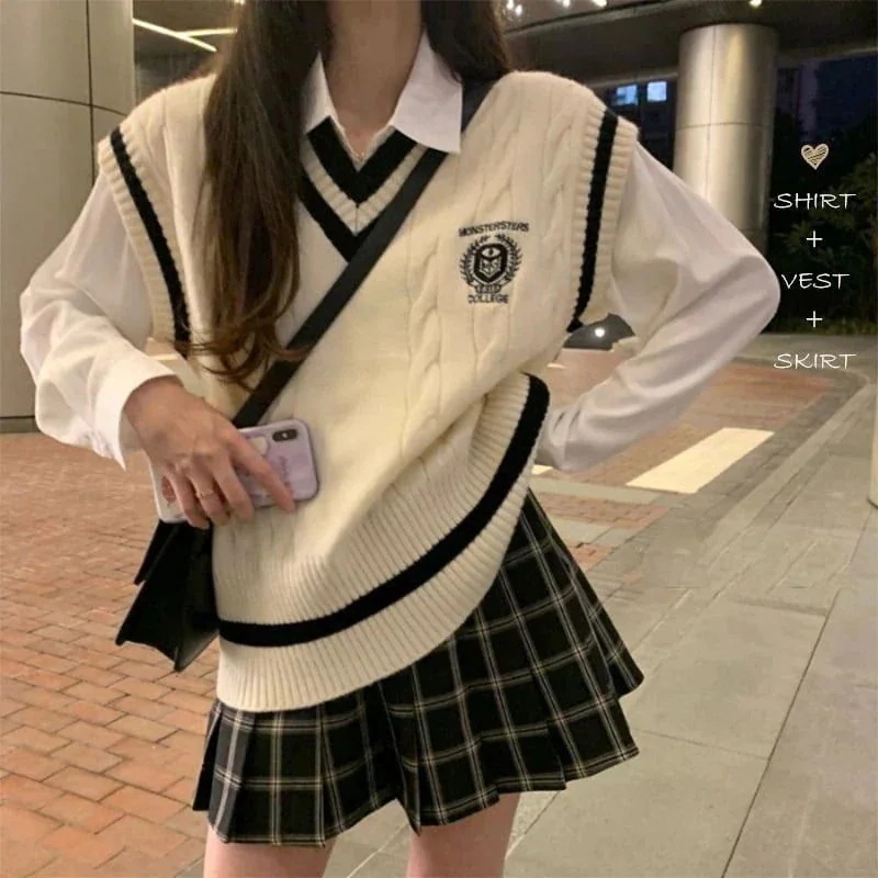24 セットアップ ショート丈 トップス ベスト+シャツ+スカートの3点セット 学生 ニット 2点セットスカート 高校生 制服411
