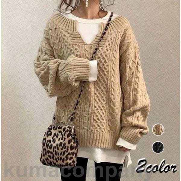 ニットセーター レディース 秋冬 40代 長袖トップス キーネックニットトップス 無地 ケーブル編み ニットソー ショット丈ゆったりプルオーバー