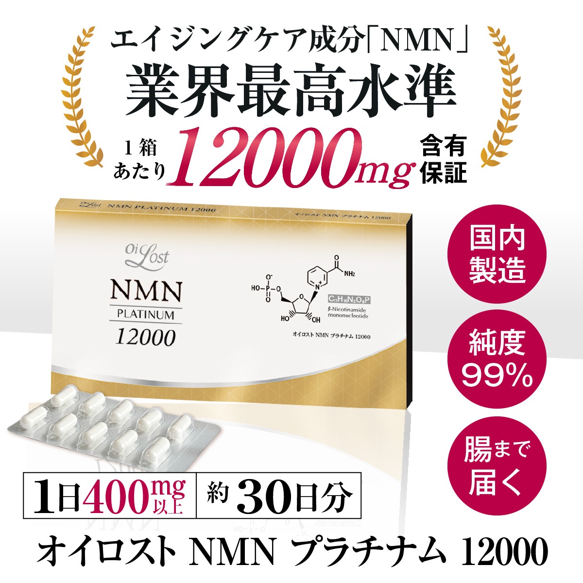 NMN含有量1粒に200mg以上保証 オイロストNMN プラチナム12000（1箱60粒入り）Ｘ1箱（約1ヶ月分）日本製　高純度 11,534円