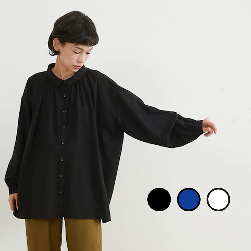 ルーズフィット長袖シャツ秋ブラウス凹凸シワ素材ギャザーたっぷりふわゆれトップス KNNC304
