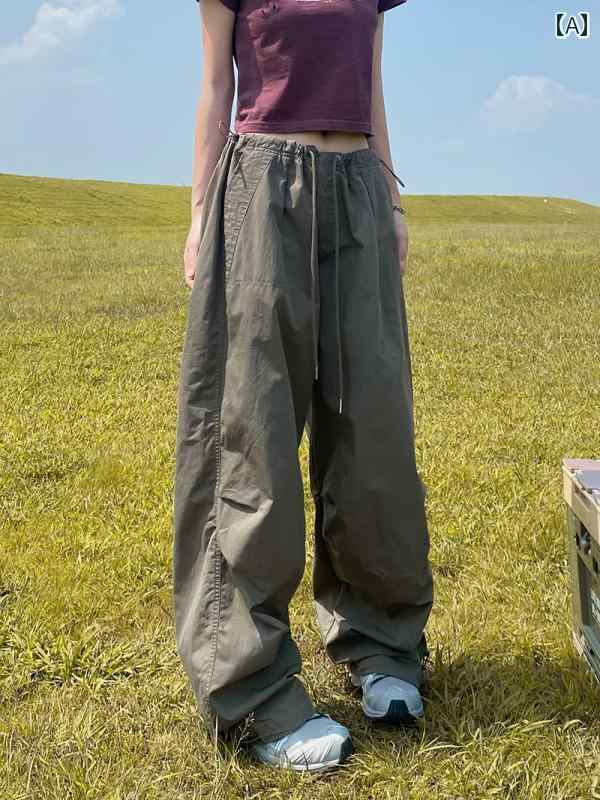 ワイドレッグ　パンツ　レディース Apocket アメリカン レトロ 空挺 部隊 オーバー オール 紙袋 新聞 パンツ ストリート カジュアル パラシュートパンツ 女性