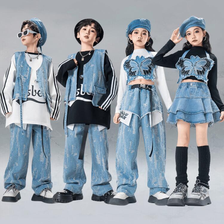 デニム 韓国 キッズダンス衣装 セットアップ ステージ衣装 トップス 蝶 ベスト スカート パンツ ベレー帽 子供服 ヒップホップ 女の子 男の子 カジュアル 可愛い ダンスウェア 団体 演出服 派手