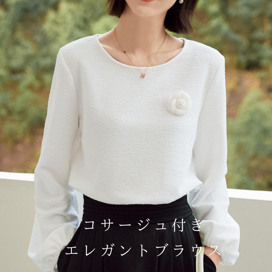 フォーマル 入卒 洗える コサージュ付き上質ブラウス 上品 大人 通勤 30代 50代フォーマル スーツインナー レディース オフィス 春 秋 春物 40代 60代Tシャツ・カットソー