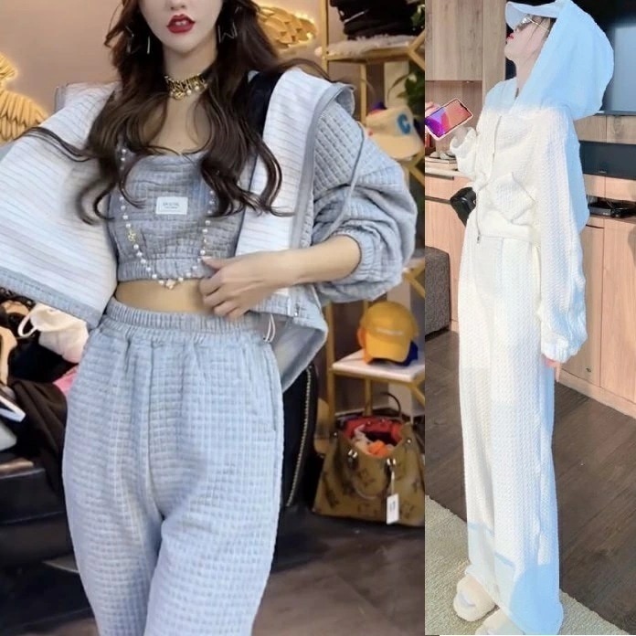 【即納】スウェット セットアップ レディース 上下 ジャージ パーカー スエット ジョガーパンツ 韓国 かわいい 黒 ブラック 灰色 グレー キルティング 春 秋 冬 スポーティ 3点セット 上下セッ