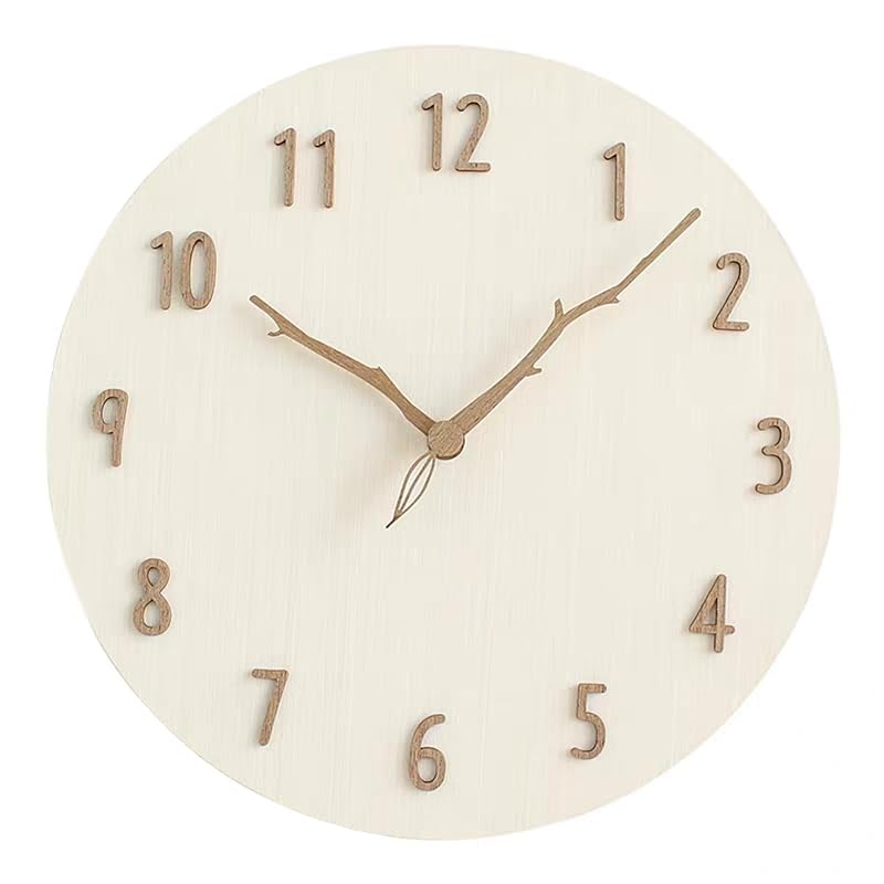 Danmukeji 掛け時計 木 おしゃれ 北欧 静音 壁掛け 丸型 フレームレス かわいい 12インチ（直径30cm） 天然 無垢材パネル 3D立体数字 創造的な木の枝緑の葉パターン無垢材の手 連続