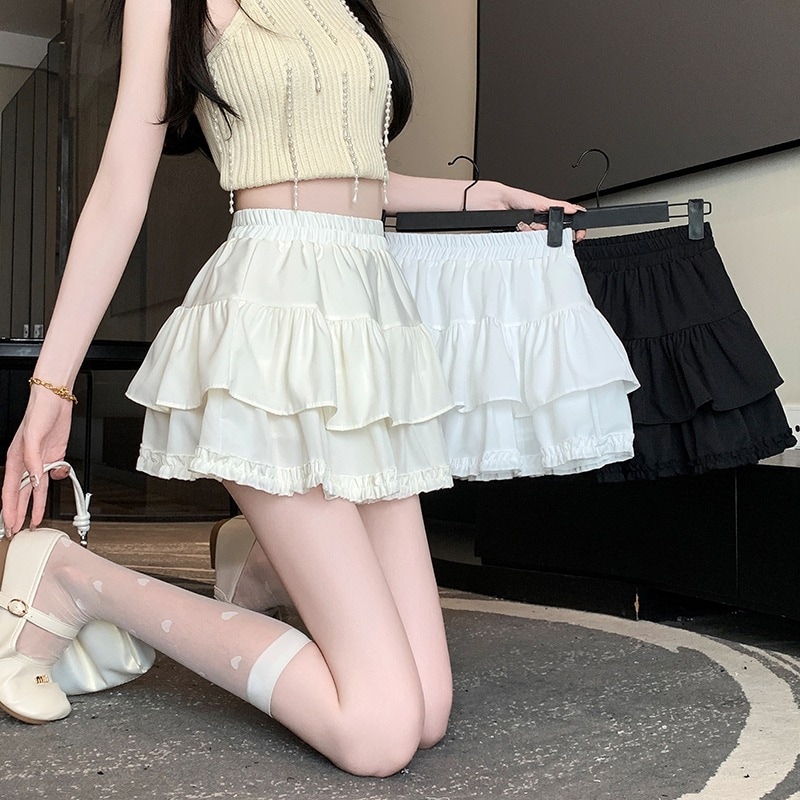 【1つ買うと10つ無料】2025年夏の女性のための白いスカートハイウエストブラックイヤリングアンチ露出 -ケーキふわふわスカート