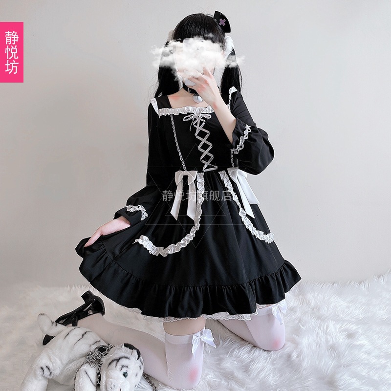 ダークロリータドレスコスプレハロウィンコスチュームロリータレースリボンセクシーな小さな黒いドレス女性