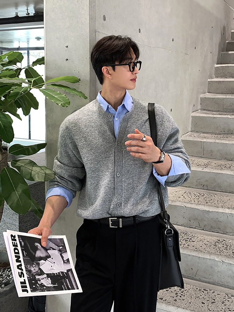 新しい百乗軽熟ニット韓国版トレンチカジュアルレジャージ丸襟セーターコート男
