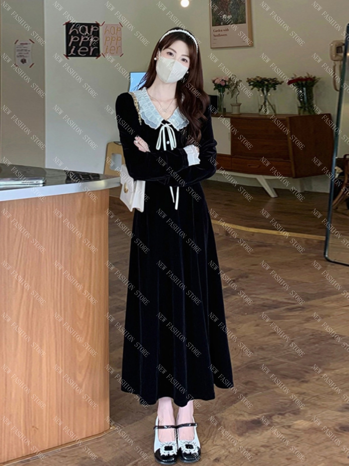 大きいサイズのフレンチワンピース女性の秋冬のドールネックのロングスカート-84