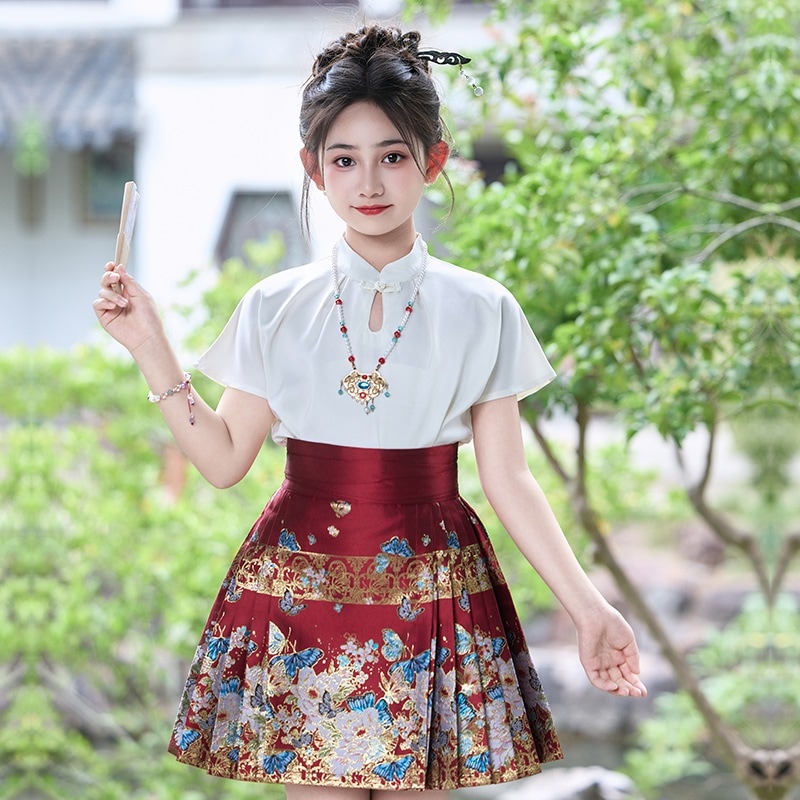 女の子用馬面裙セット 春夏 新中華風漢服ショートスカート 母娘親子装 表演服