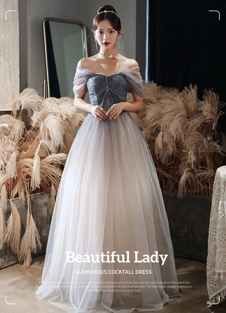 特別仕様高級感 エレガント 姫系 フランス風 レディースドレス 成人式 パーティードレス イブニングドレス 礼服 司会 新着 ロングドレス チュールスカート オフショルダー グラデーション グレー 着