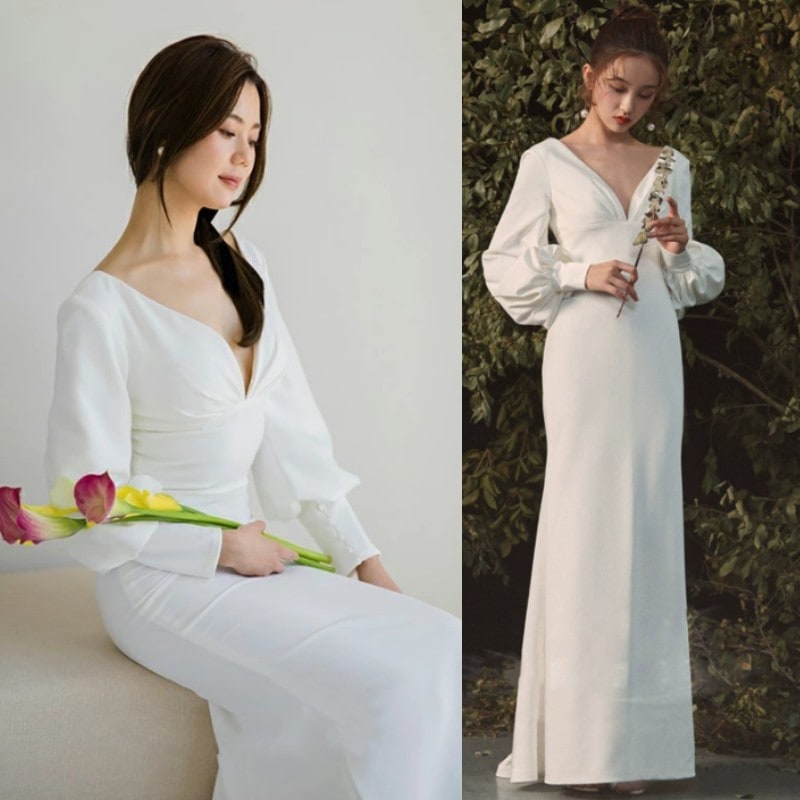 ウエディングドレス 白Vネック 長袖 袖あり ウェディングドレス ウエディングドレス ゆったり マーメイド マーメード ウエディング マーメイドドレス 花嫁ドレス トレーン 二次会ウエディングドレス