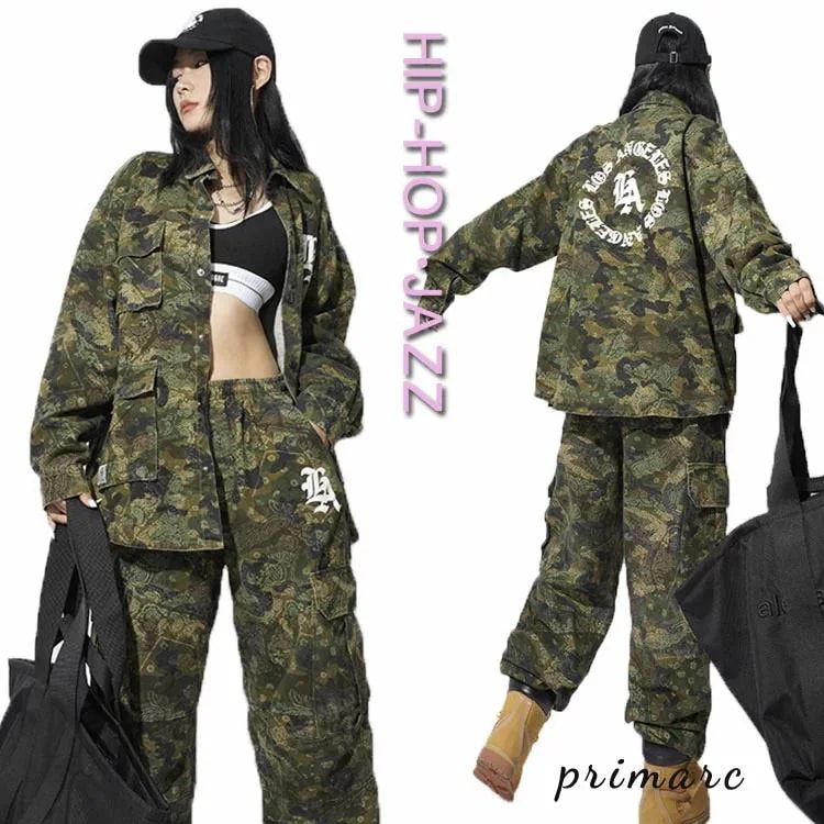 ダンス衣装 レディース K-POP セットアップ 迷彩柄 セットアップ 大人 長袖 韓国 トップス ロングパンツ ジャズダンス 高校生 大人向け ヒップホップ 2点セット