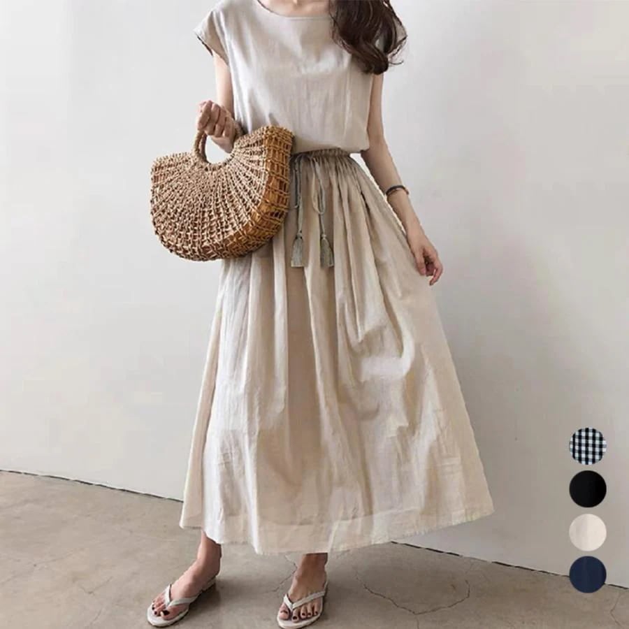 人気の新作先行発売ウエストシャーリング チェック柄 リネンワンピース ノースリーブ レディース Aラインワンピース ロングワンピース ウエストゴム【短納期】