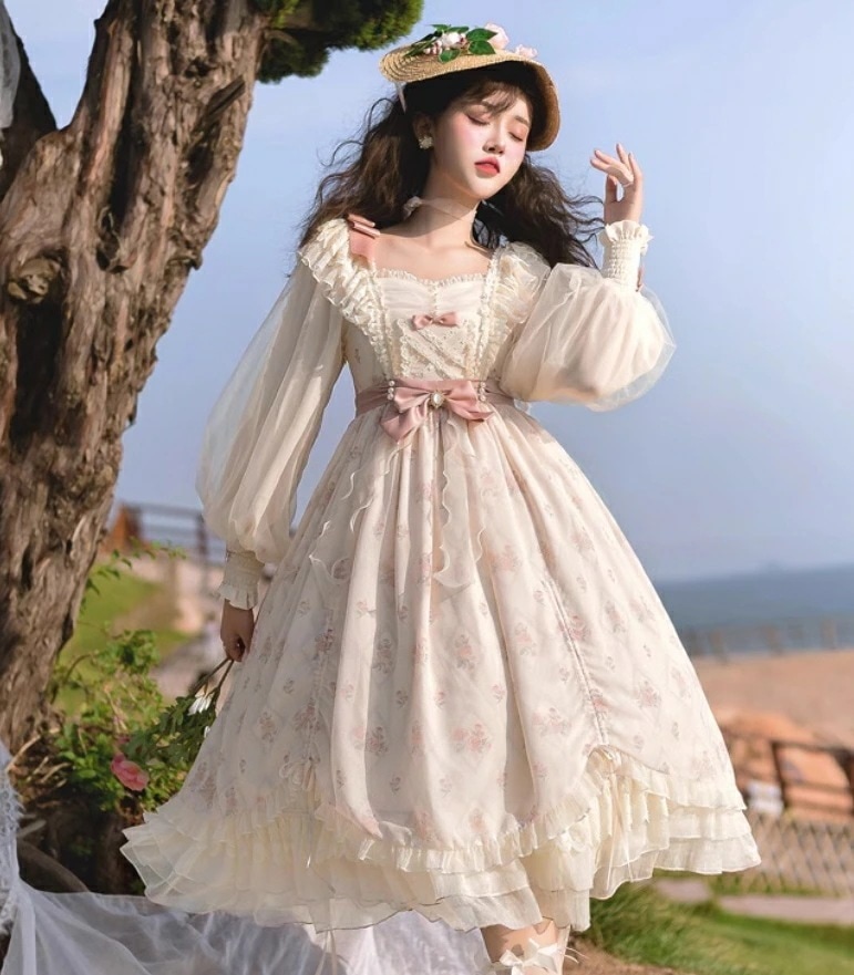 迅速な出荷 ロリータ ワンピース ゴスロリ＆ロリータ服 長袖 ミモレ丈 フリル ロリータ ドレス 大人 可愛い 萌え萌え 甘ロリータ プリンセス LOLITA レース 花柄 リボン 裾フリル 文化祭
