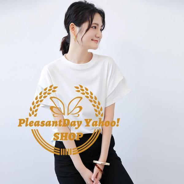 バットスリーブ ルーズフィット Tシャツ 細見え ラウンドネック シフォン ダブルレイヤー 単色 ショートスリーブ トップス 薄手