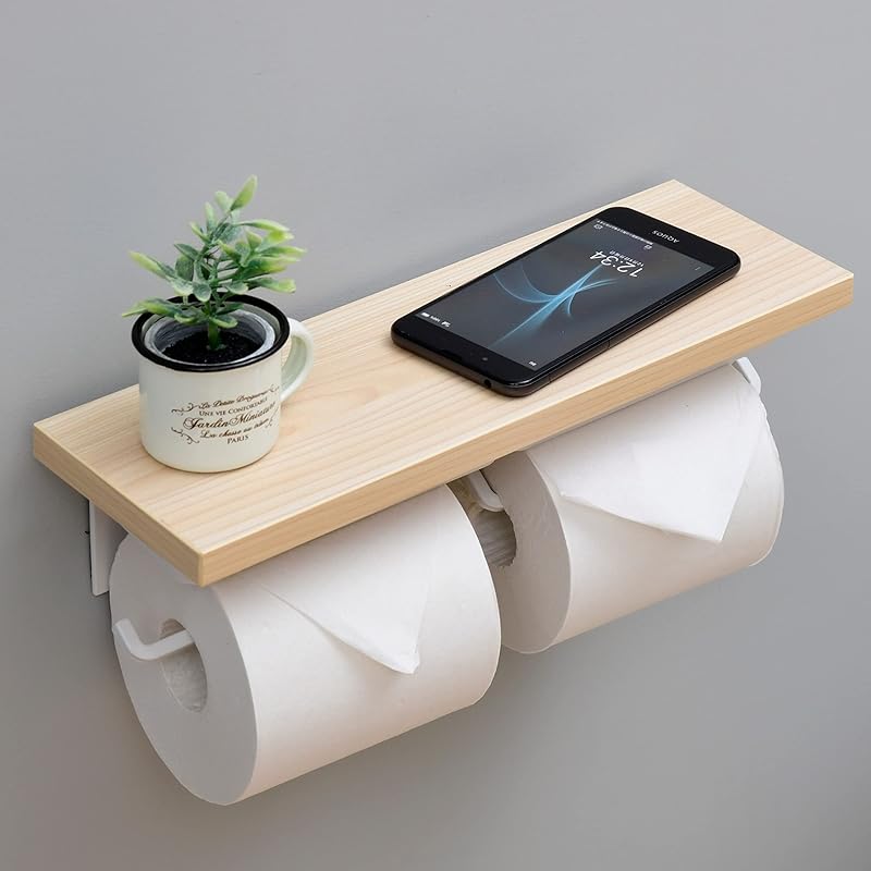 【即納】[山善] トイレットペーパーホルダー 棚付き (スマホ置き/インテリア) ダブル 汚れに強い天板 かんたん設置 幅32奥行11高さ9cm ウッドナチュラル/マットホワイト RPH-W(WN