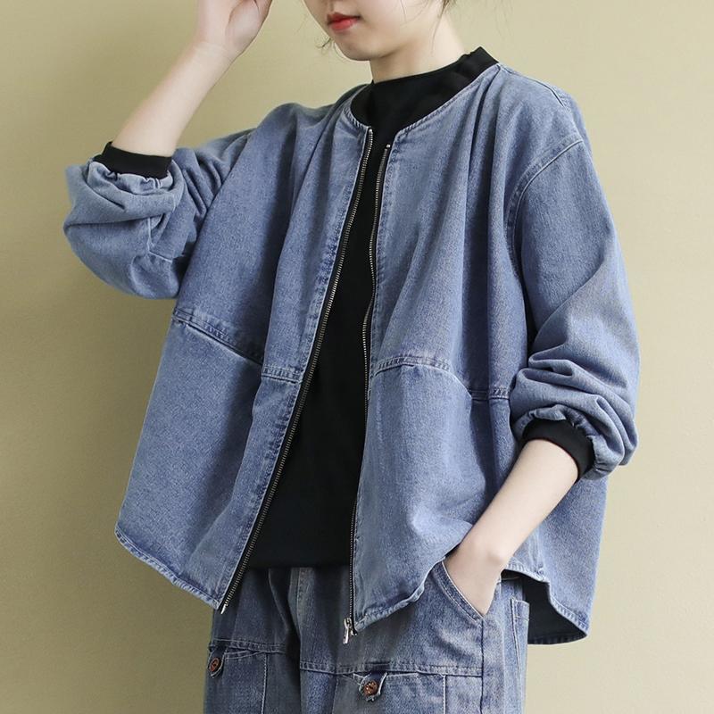 レディース ジャケット 上着 羽織り ジージャン ノーカラー 襟なし デニムジャケット ジップアップ