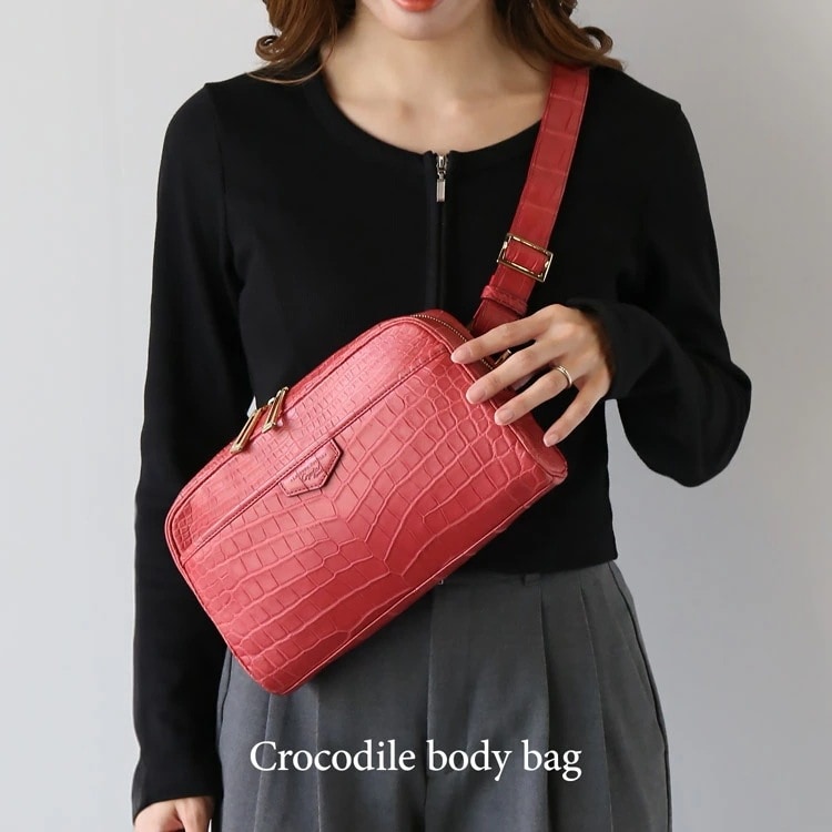 クロコダイルバッグ ボディバッグ マット加工 日本製 JRA レディース 女性用 ボディーバッグ ウエストポーチ ヒップバッグ 目地染め マット仕上げ (06001879r)
