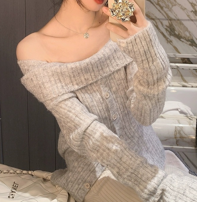 ワンショルダー ニット モコモコ トップス セクシー ゆったり ニットソー セーター ワンピドレス レギュラー丈 長袖 デコルテ ストレート ふわふわ リブニット 編み込み 伸縮性 ニット 薄手