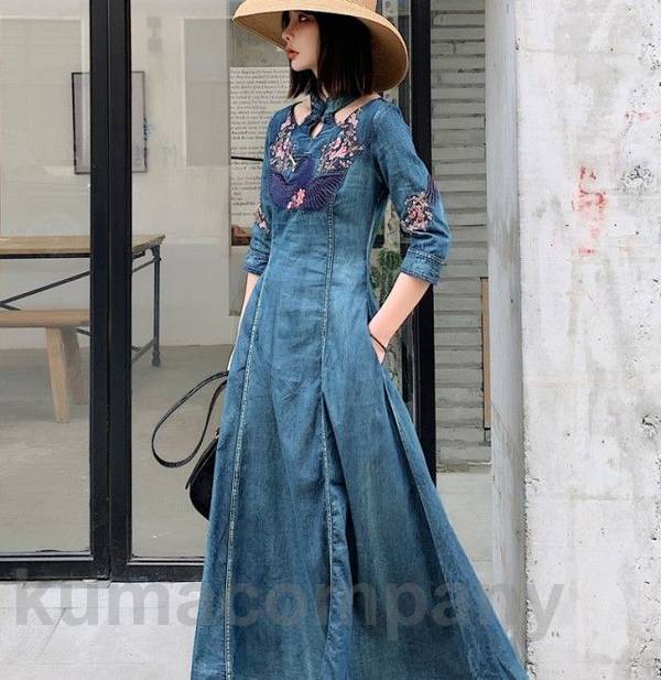 デニム ワンピース ロング マキシ丈 ロングワンピース 長袖 七分袖 Aライン フレア ホルターネック風 刺繍 レディース カジュアル 春 秋 韓国 ファッション おしゃれ 春夏 秋冬