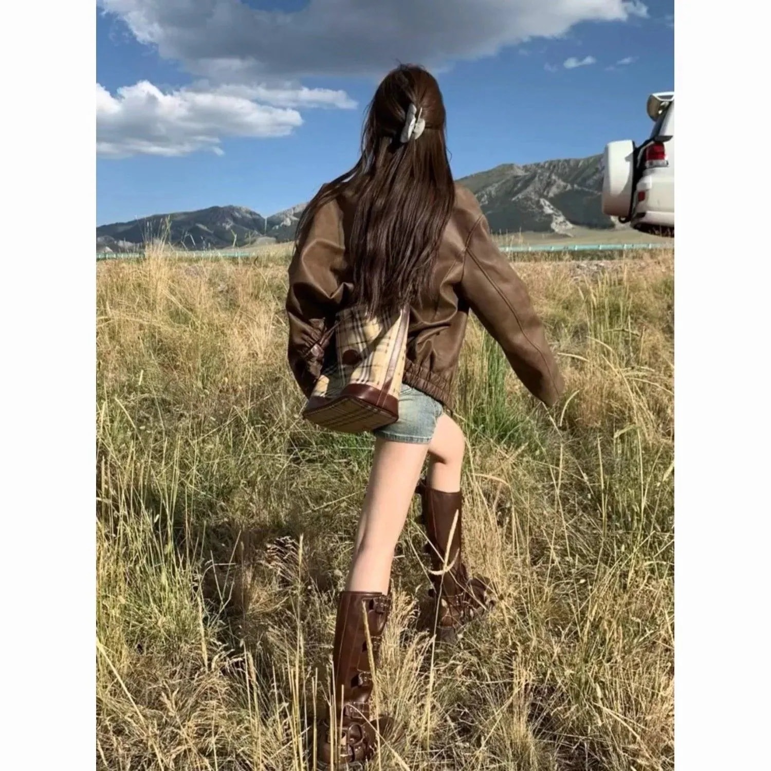 シンプル！ノーカラーコート春アウター秋春アメリカンレトロカレー色ゆったり着やせ革ジャンジャケットショートバイクレディース秋ファッション