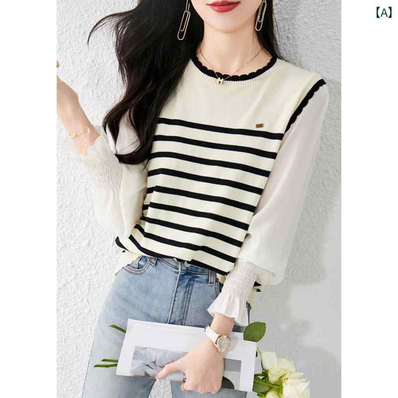 レディース トップス カジュアル おしゃれ 秋 クラシック ラウンドネック ストライプ フェイクセットアップ 重ね着風 Tシャツ カジュアル プルオーバー トップ