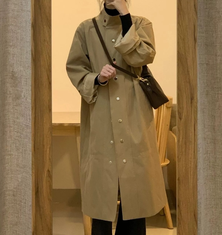 コート ロングコート ポケットあり アウター トレンチコート ロング丈 長袖 萌袖 ハイネック 細身 ストレート スマート 前開き かわいい シンプル カジュアル 大人 おしゃれ レトロ 大人女子 9,880円