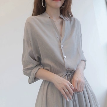 七分袖 ドレープワンピース シフォン リボン ワンピース シャツ 膝下 Vネック ハイネック ルーズ セミフレア スリム 細身 ストレート スマート ウエストマーク 伸縮性 薄手 かわいい 大人可愛い