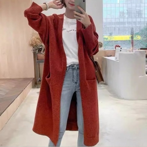 レディース ニット カーディガン 上着 羽織 前開き ロング 長袖 Vネック ポケット 異国風 厚手 かわいい 大人可愛い シンプル カジュアル おしゃれ こなれ感 ルーズ クール エレガント