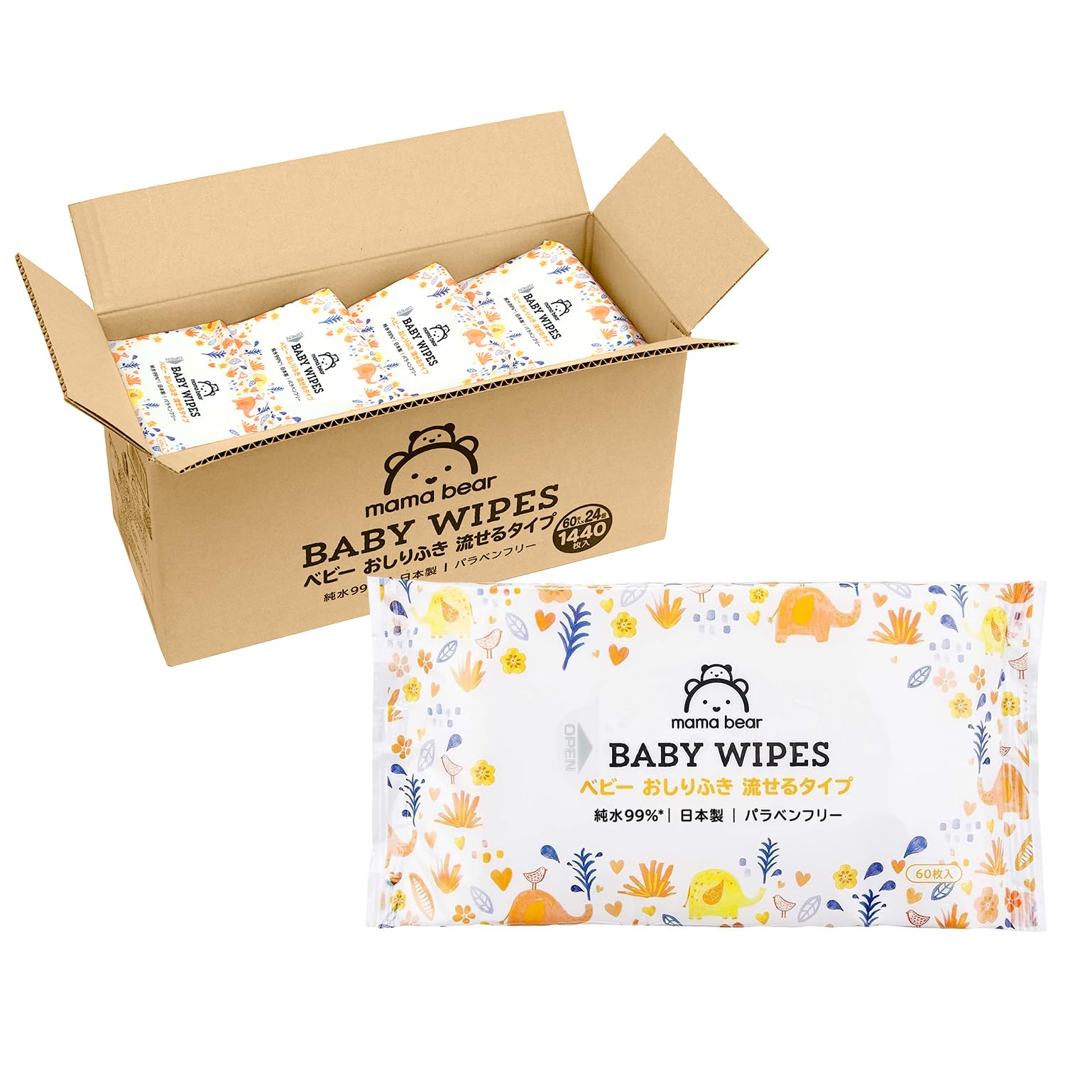 【流せるおしりふき】Mama Bear (ママベアー) ベビー おしりふき 純水99.9% 流せるタイプ 60枚入x24個 (1440枚) [ケース品] [ブランド] 日本製 パラベンフリー