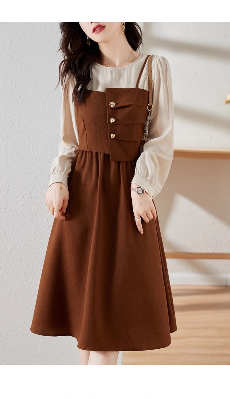 長袖 ドレス 女性 春 ウエスト ファッション ロング スカート フレンチ 個性的 ワンピース 膝下 袖あり 長袖 ラウンドネック 襟なし きれいめ シンプル 大人 上品 おしゃれ お洒落 かっこいい