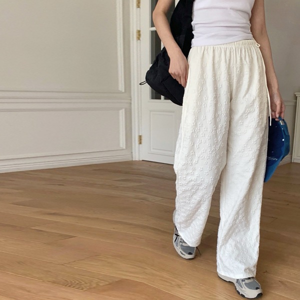 韓国ファッション レース フラワー ストラップ ワイド パンツ