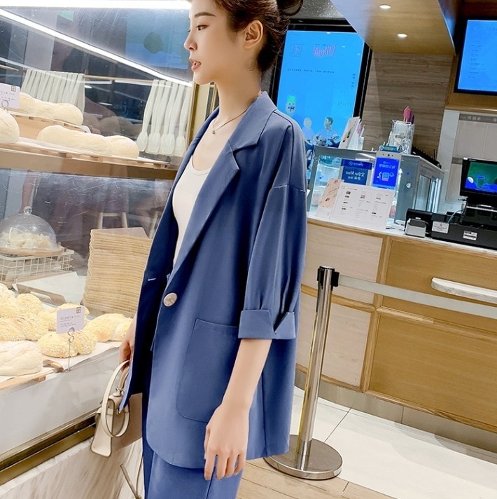 ワイドスーツセットアップ カジュアルスーツセット ウエストゴムパンツ 七分袖ジャケット トップス ボトムス パンツ セットアップ ジャケット スーツ ワイドパンツ ストレートパンツ 膝下 ロング