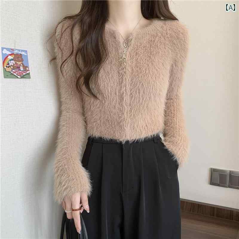 ニット レディース おしゃれ カーディガン カジュアル セーター 秋冬 ジップアップ ショート トップス カーキ ホワイト ブラック