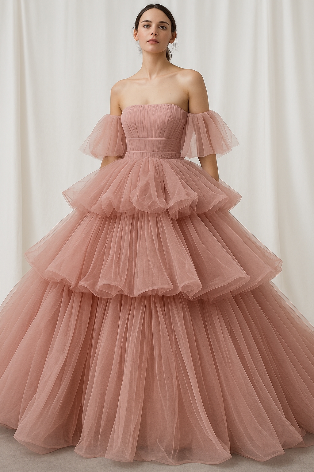 カラードレス フリル袖 ティアードのドレス 柔らかく重ねたチュールスカート ラッフルフリル ブライダル