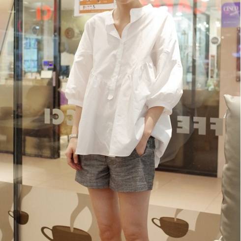 レディース トップス ブラウス シャツ ホワイトシャツ 7分丈 二の腕カバー ボリューム袖 パフスリ