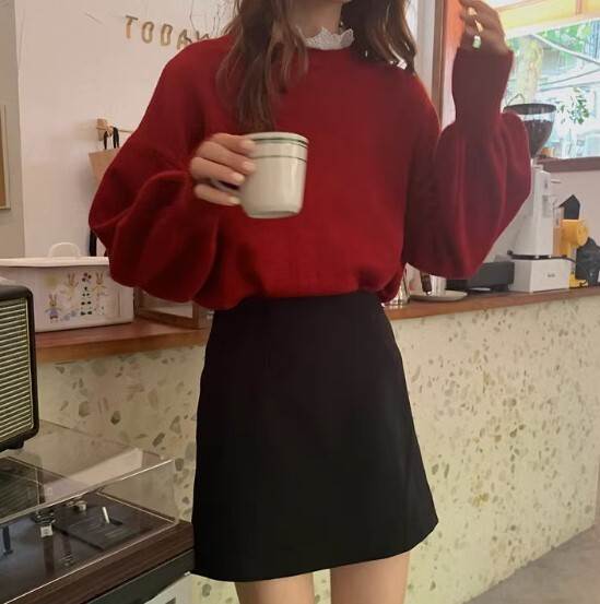 トップス セーター プルオーバー ツーピース レースエッジ襟 スタンドカラー 長袖 萌袖 レギュラー丈