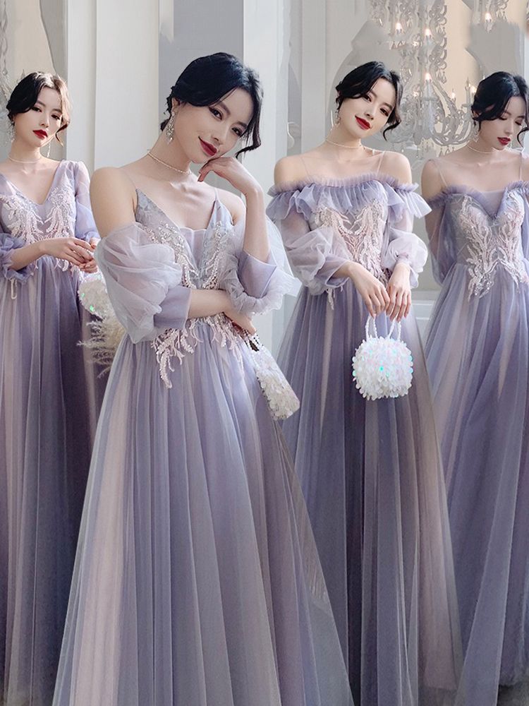 女性のための紫色の花嫁介添人ドレス 2025 スーパー妖精気質スリム姉妹グループ中学生卒業式夏 ウェディングドレス