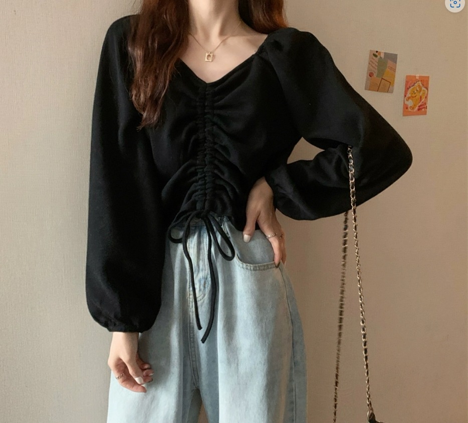 レディース トップス ブラウス プルオーバー ショート 長袖 Vネック ドロスト 大人可愛い シンプル おしゃれ こなれ感 個性的 無地 春 秋 デート お出かけ 旅行 休日 オルチャン 黒 20代