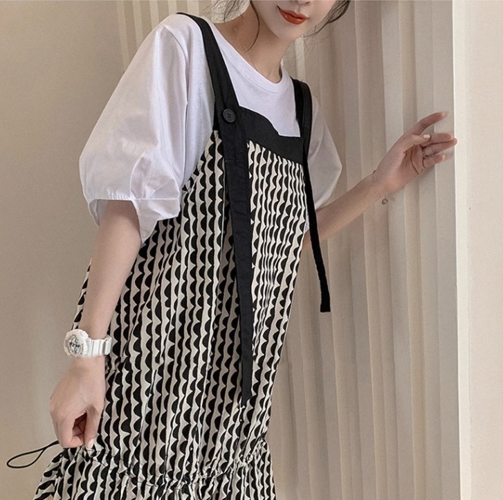 バルーンデザイン ストラップワンピース フリルスカート レディース スカート ワンピース オールインワン ドレス フレアスカート ロングスカート 膝下 ロング 7分丈 ノースリーブ キャミソール 5,825円